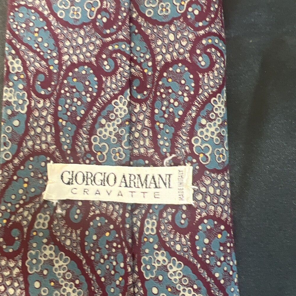 Men's Giorgio Armani Cravatte Tie 100% Silk Made In Italy Maroon Teal Whte - Picture 3 of 6